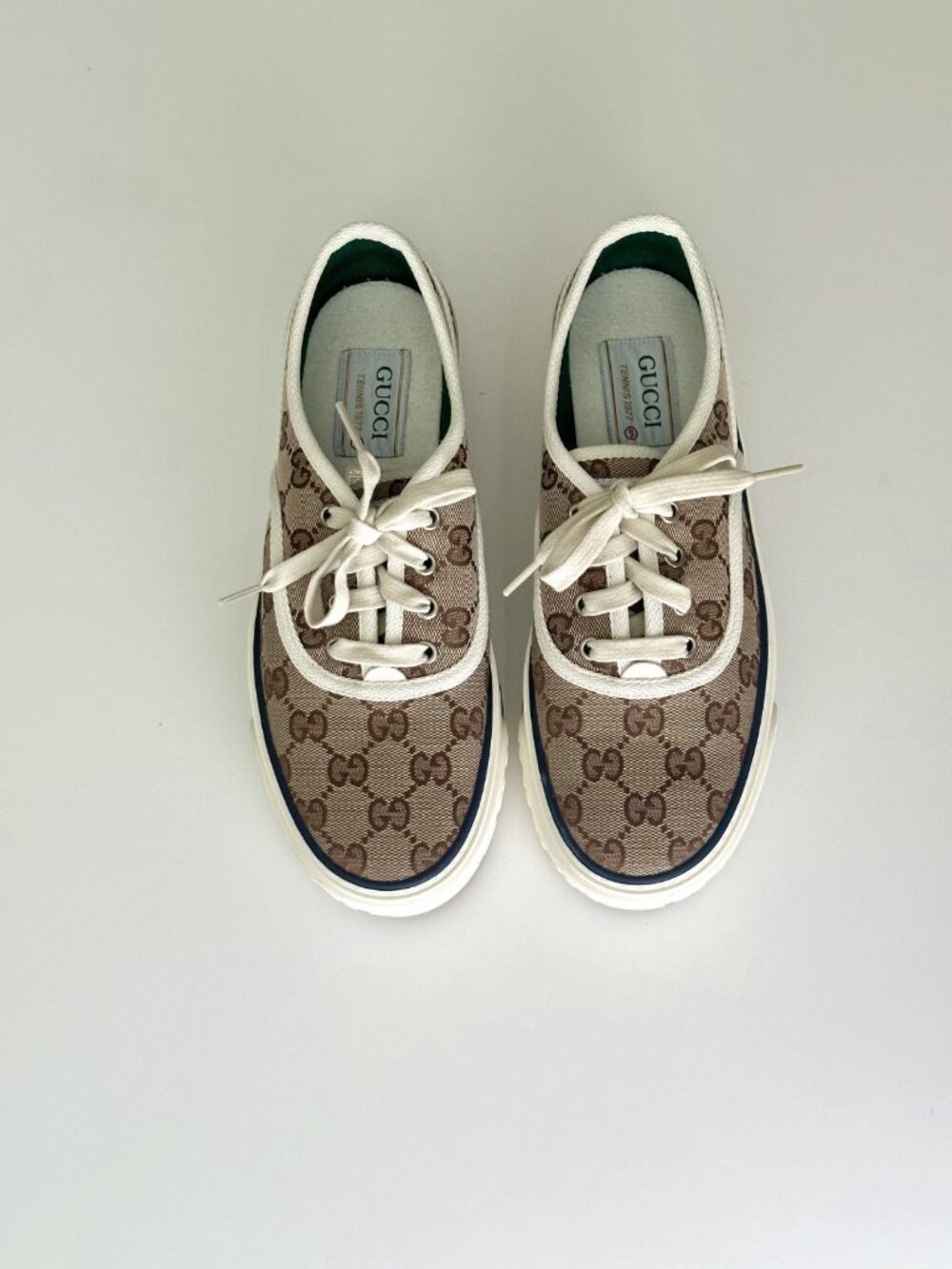 Women's GUCCI GG Logo Brown Canvas Tennis 1977 Platform Sneakers Size 37 - Picture 3 of 12